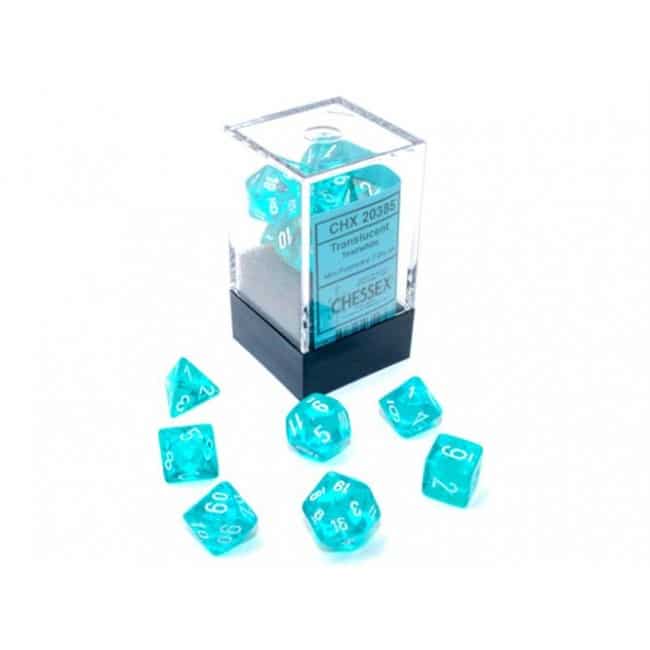 Translucent Mini-Polyhedral Teal/white Dobbelsteen Set (7 stuks)