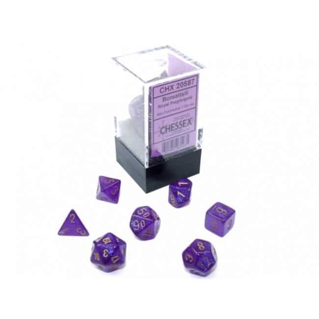 Borealis Mini-Polyhedral Royal Purple/gold Luminary Dobbelsteen Set (7 stuks)