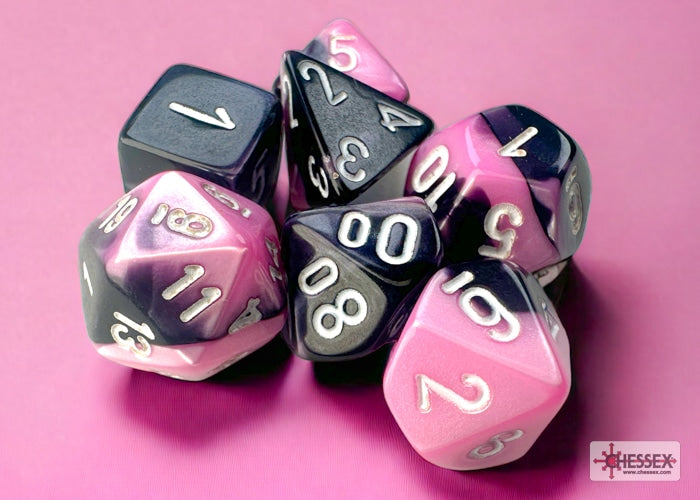Gemini Mini-Polyhedral Black-Pink/white Dice Set (7 pieces)