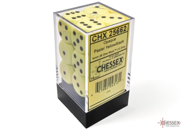Opaque Pastel Yellow/black D6 16mm Dice Set (12 pieces)