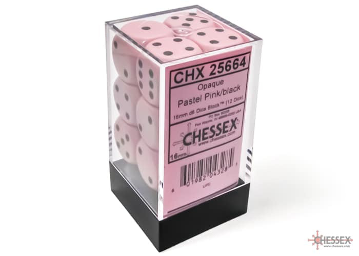 Opaque Pastel Pink/black D6 16mm Dice Set (12 pieces)