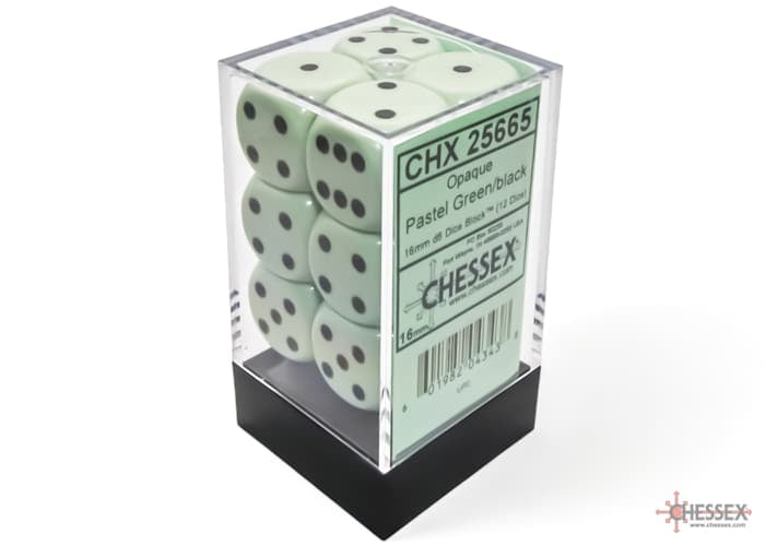 Opaque Pastel Green/black D6 16mm Dice Set (12 pieces)