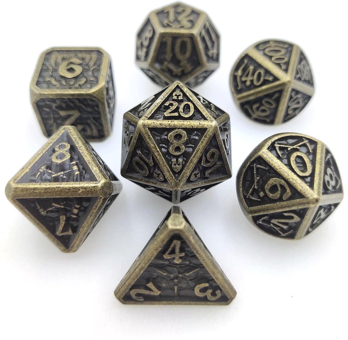 Metal Polyhedral Dice Set Plated Armor goud/zwart
