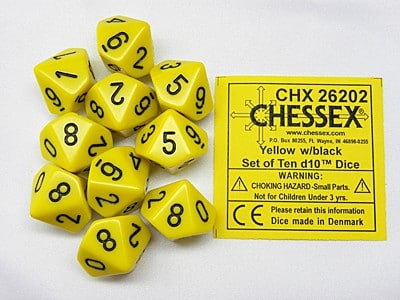 Opaque Yellow/black D10 Dobbelsteen Set (10 stuks)