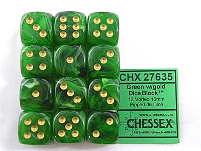 Vortex Green/gold D6 16mm Dobbelsteen Set (12 stuks)