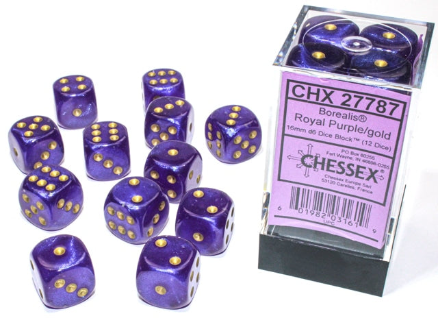 Borealis D6 16mm Royal Purple/gold Luminary Dobbelsteen Set (12 stuks)