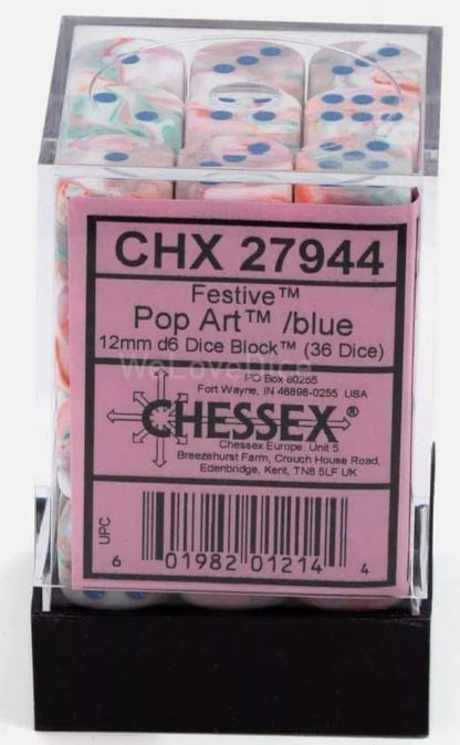 Festive Pop Art/blue D6 12mm Dobbelsteen Set (36 stuks)