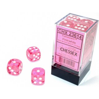Translucent Pink/white D6 16mm Dobbelsteen Set (12 stuks)