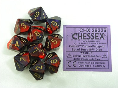 Gemini Purple-Red/gold D10 Dobbelsteen Set (10 stuks)