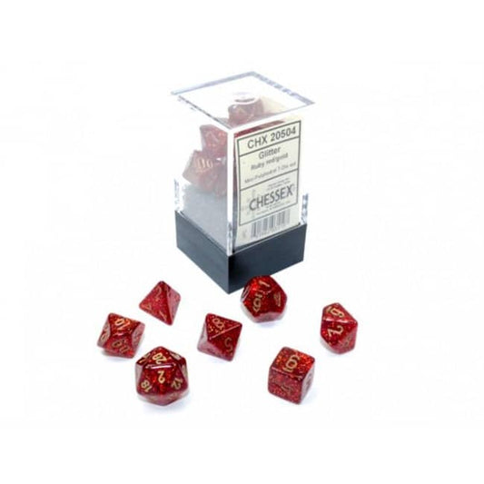 Glitter Mini-Polyhedral Ruby/gold Dobbelsteen Set (7 stuks)