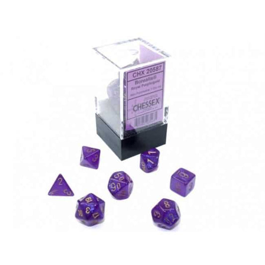 Borealis Mini-Polyhedral Royal Purple/gold Luminary Dobbelsteen Set (7 stuks)
