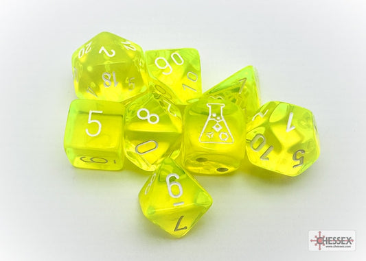 Translucent Polyhedral Neon Yellow/white Dobbelsteen Set (7 stuks + 1 bonus)