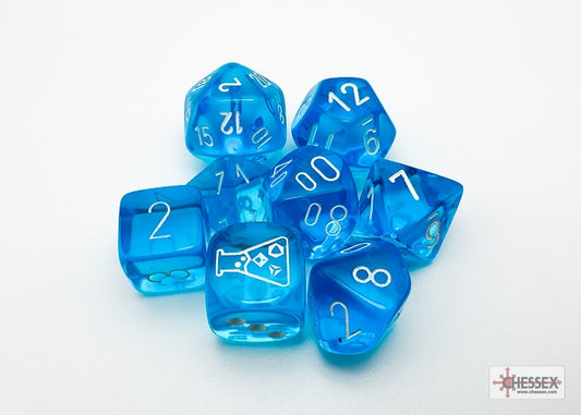 Translucent Polyhedral Tropical Blue/white Dobbelsteen Set (7 stuks + 1 bonus)