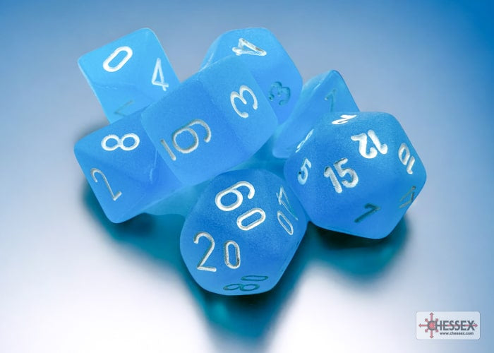 Frosted Mini-Polyhedral Caribbean Blue/white Dice Set (7 pieces)