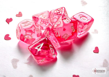 Translucent Mini-Polyhedral Pink/white Dobbelsteen Set (7 stuks)