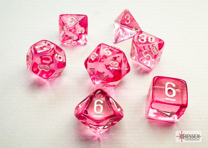 Translucent Mini-Polyhedral Pink/white Dobbelsteen Set (7 stuks)