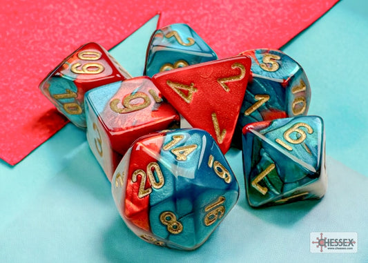 Gemini Mini-Polyhedral Red-Teal/gold Dob