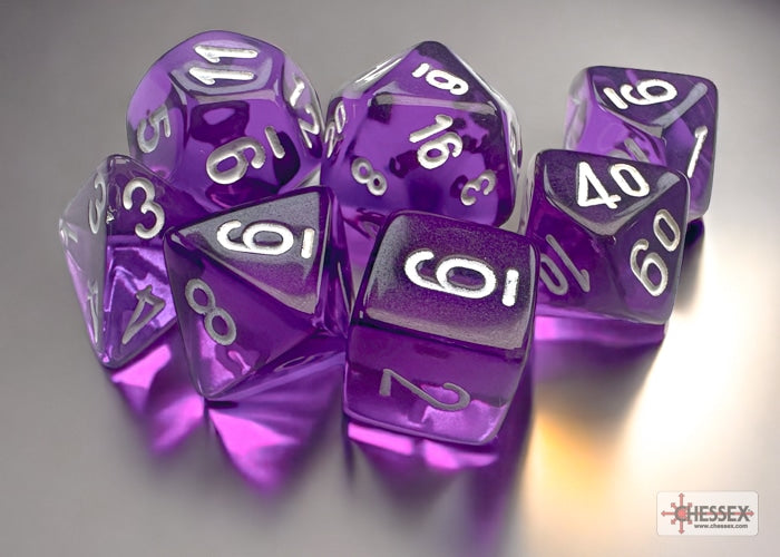 Translucent Mini-Polyhedral Purple/white Dobbelsteen Set (7 stuks)