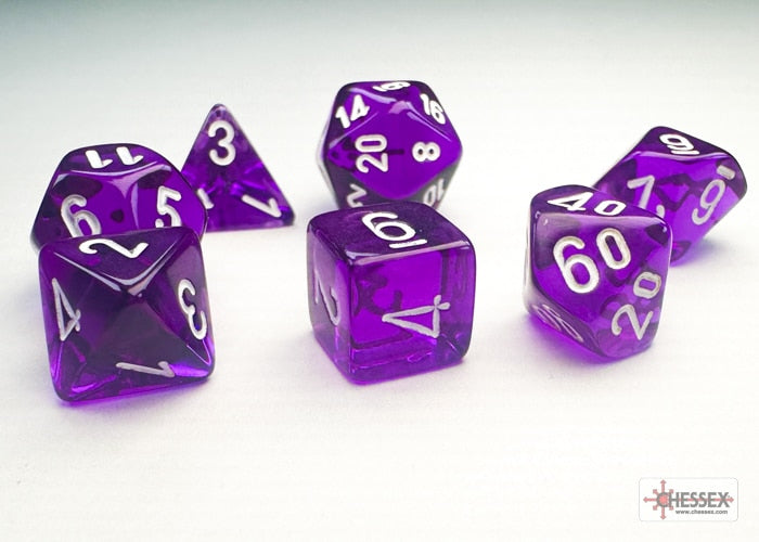 Translucent Mini-Polyhedral Purple/white Dobbelsteen Set (7 stuks)