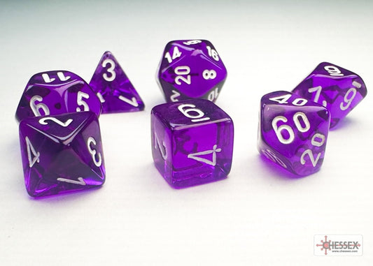 Translucent Mini-Polyhedral Purple/white Dobbelsteen Set (7 stuks)