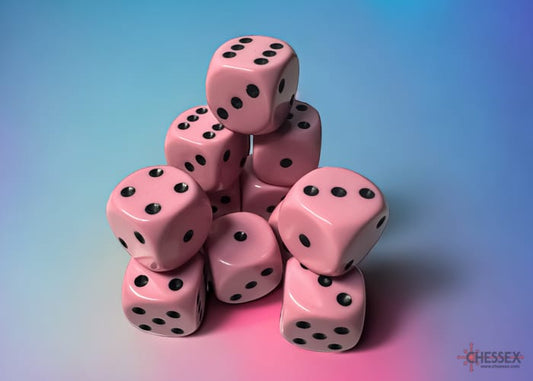 Opaque Pastel Pink/black D6 16mm Dice Set (12 pieces)
