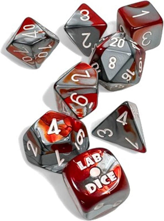 Gemini Red-Steel/white Polyhedral Dobbelsteen Set (7 stuks + 1 bonus)