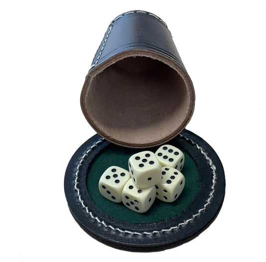 Pokerbeker met Deksel Zwart Leder met Dobbelstenen 16mm (doorsnede 7 cm)