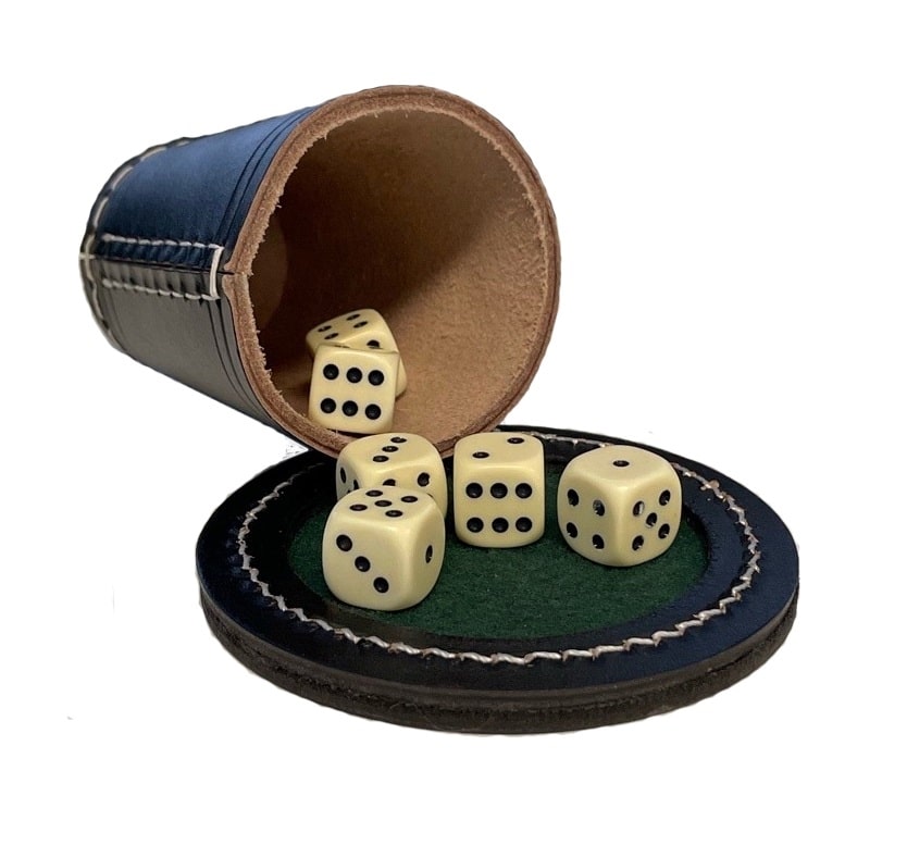 Pokerbeker met Deksel Zwart Leder met Dobbelstenen 16mm (doorsnede 7 cm)