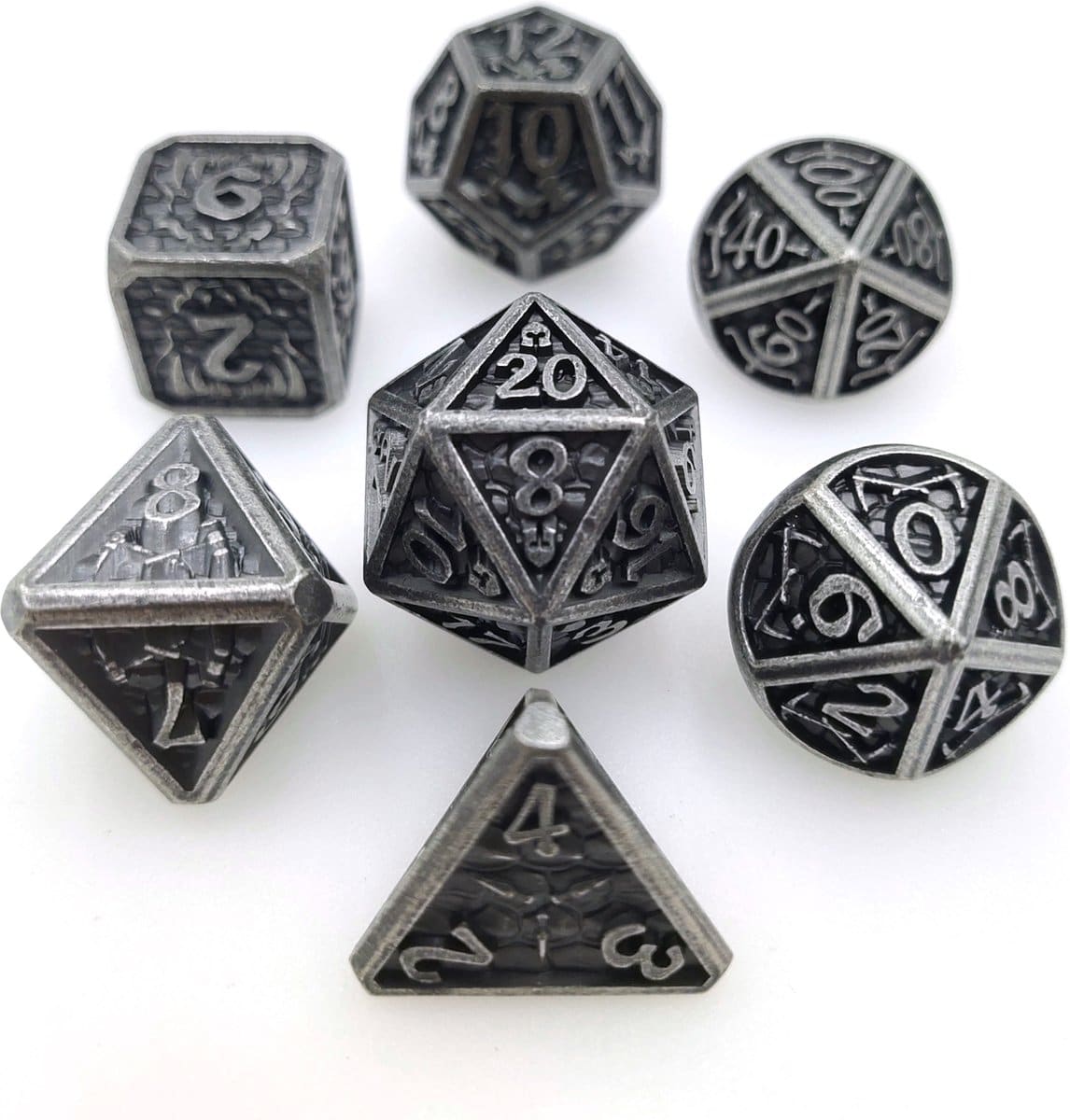 Metal Polyhedral Dice Set Plated Armor Zilver/zwart