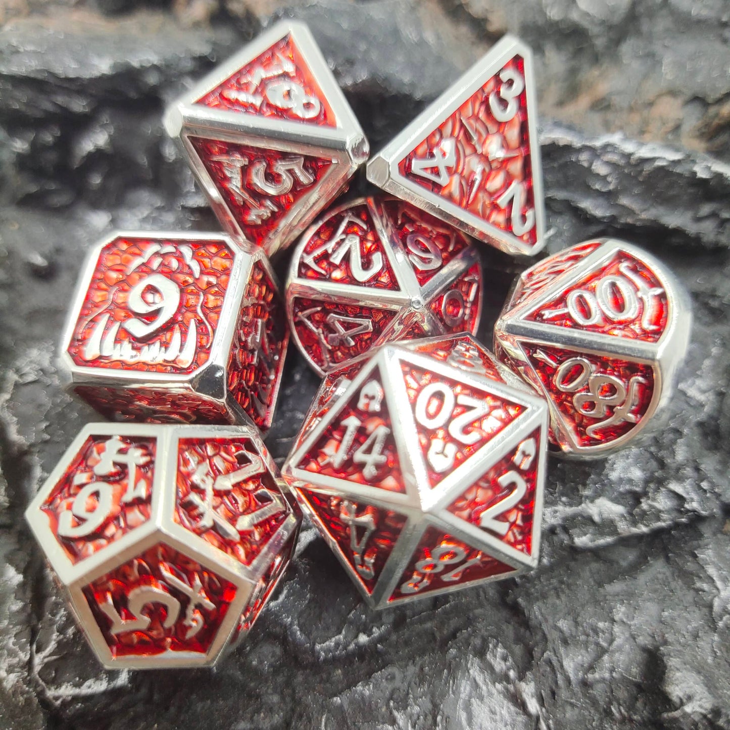 Metal Polyhedral Dice set Zilver/rood