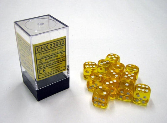 Translucent Yellow/white D6 16mm Dobbelsteen Set (12 stuks)