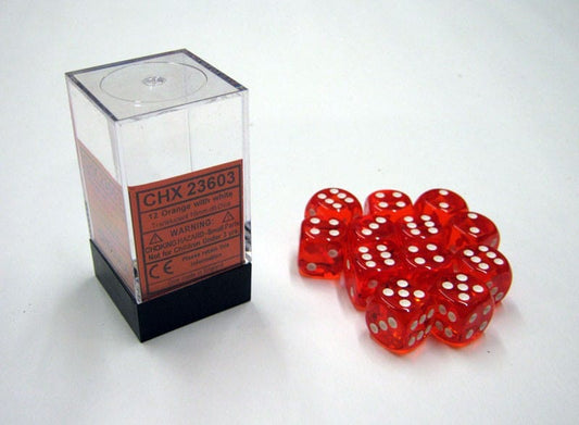Translucent Orange/white D6 16mm Dobbelsteen Set (12 stuks)