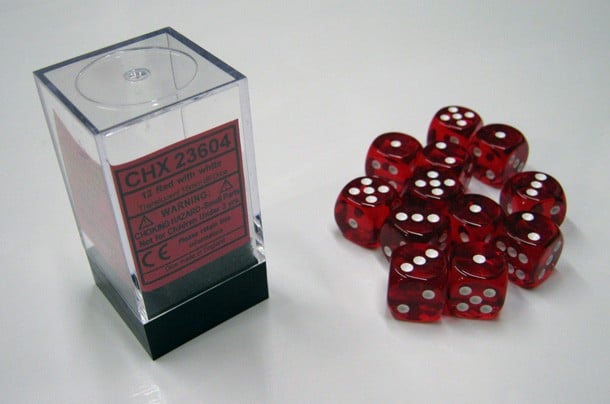 Translucent Red/white D6 16mm Dobbelsteen Set (12 stuks)