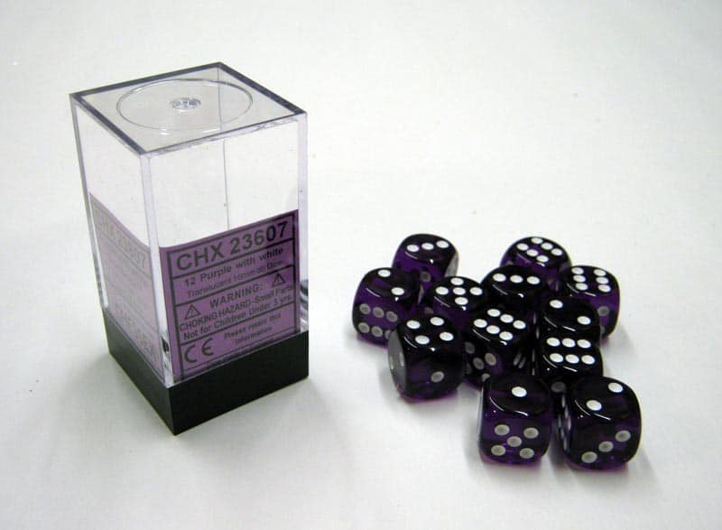 Translucent Purple/white D6 16mm Dobbelsteen Set (12 stuks)