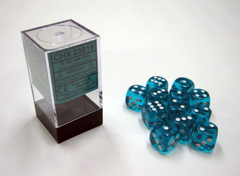 Translucent Teal/white D6 16mm Dobbelsteen Set (12 stuks)