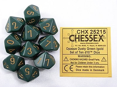 Opaque Dusty Green/gold D10 Dobbelsteen Set (10 stuks)