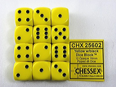 Opaque Yellow/black D6 16mm Dobbelsteen Set (12 stuks)