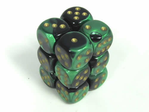 Gemini Black-Green/gold D6 16mm Dobbelsteen Set (12 stuks)