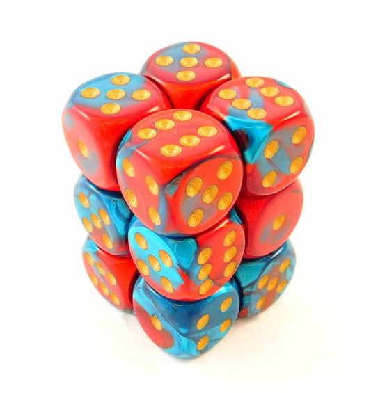 Gemini Red-Teal/gold D6 16mm Dobbelsteen Set (12 stuks)