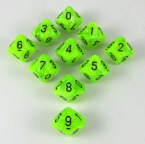 Vortex Bright Green/black D10 Dobbelsteen Set (10 stuks)