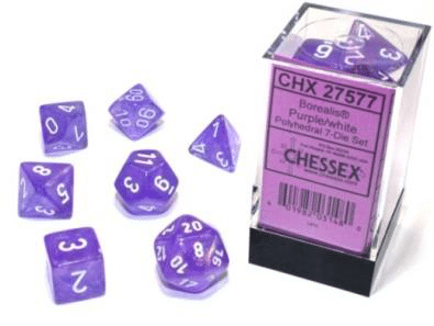 Borealis Polyhedral Purple/white Luminary Dice Set (7 pieces)
