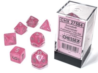 Borealis Polyhedral Pink/silver Luminary Dice Set (7 pieces)