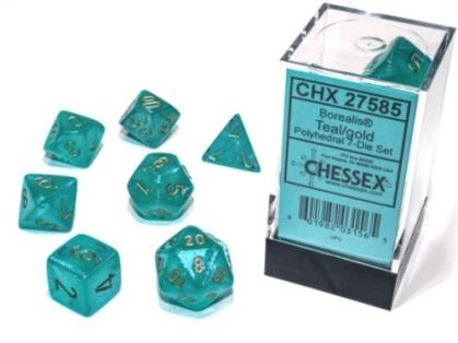 Borealis Polyhedral Teal/gold Luminary Dice Set (7 pieces)