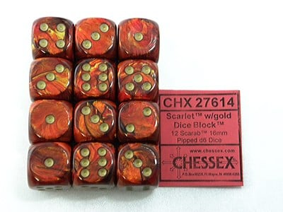 Scarab Scarlet/gold D6 16mm Dobbelsteen Set (12 stuks)