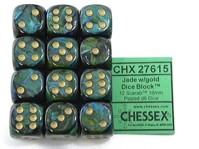 Scarab Jade/gold D6 16mm Dobbelsteen Set (12 stuks)