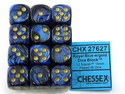 Scarab Royal Blue/gold D6 16mm Dobbelsteen Set (12 stuks)