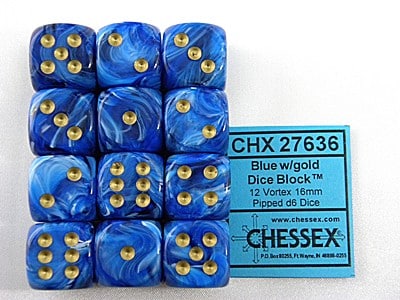 Vortex Blue/gold D6 16mm Dobbelsteen Set (12 stuks)