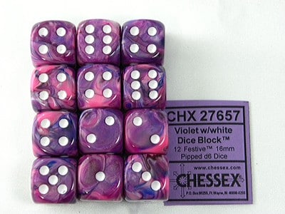 Festive Violet/white D6 16mm Dobbelsteen Set (12 stuks)