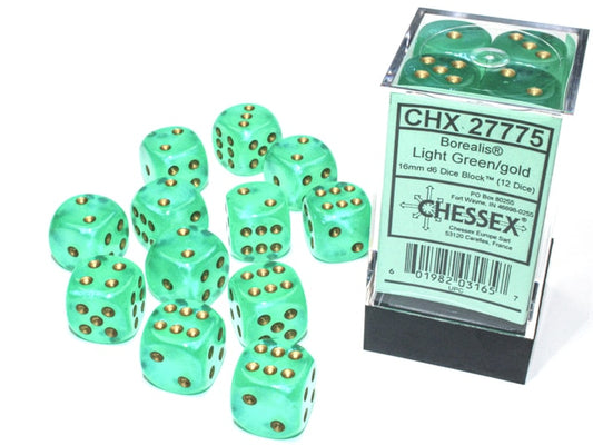 Borealis D6 16mm Light Green/gold Luminary Dobbelsteen Set (12 stuks)