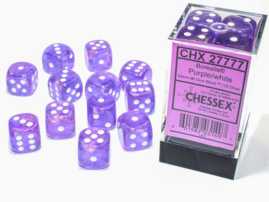 Borealis D6 16mm Purple/white Luminary Dobbelsteen Set (12 stuks)